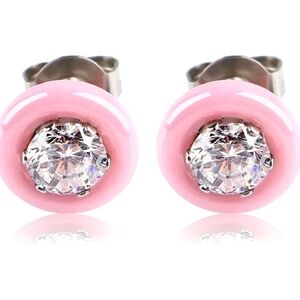 NEW‎ Unisex Pink Ceramic .5 Carat Solitaire Simulated Diamond Stud Earrings